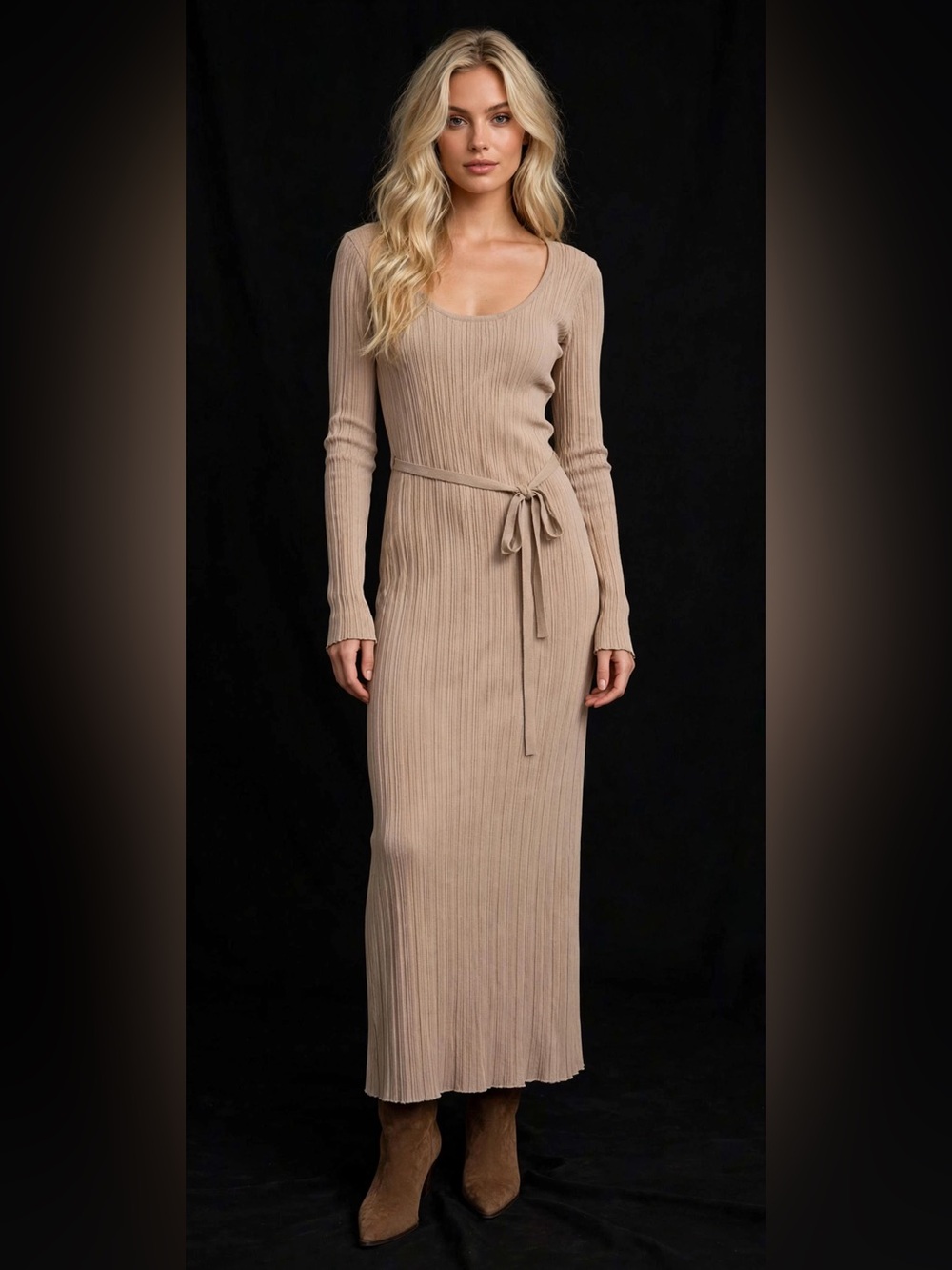 Wayf Taupe Ribbed Long-Sleeve Maxi Dress with Tie Waist